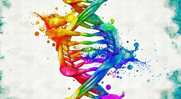 Kolorowa, akwarelowa podwójna helisa DNA, symbolizująca złożoność życia i potencjalne objawy u dorosłych.