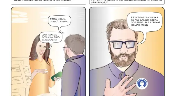 Kobieta w sklepie spożywczym z oburzeniem zwraca się do sprzedawcy, który ma na ubraniu znaczek "Mam zespół Tourette'a".