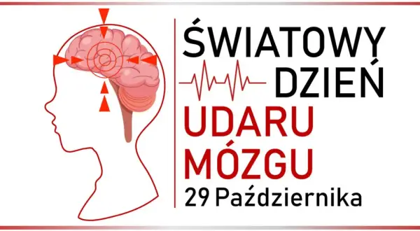 Grafika przedstawia mózg z czerwonymi strzałkami wskazującymi na ból głowy. Tekst: Światowy Dzień Udar mózgu 29 Października.